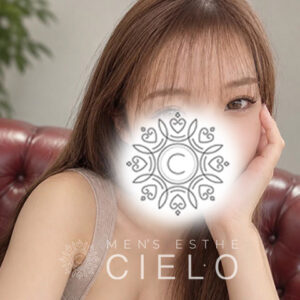 横浜センター南メンズエステCIELO | センター南シエロ Close-up of a woman resting on a red leather sofa with a decorative spa logo over her cheek; branding reads 'MEN'S ESTHE CIELO'.